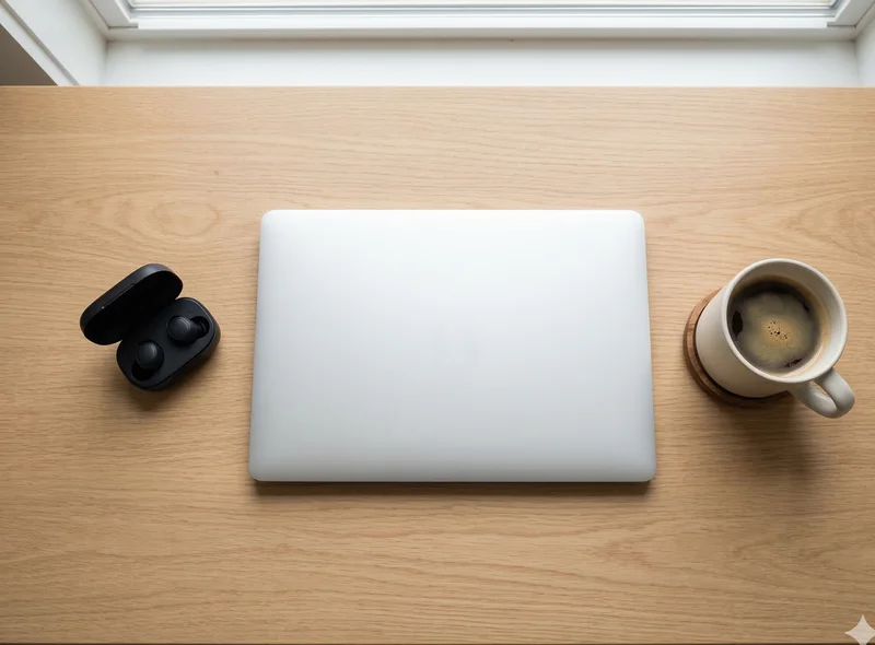 Noise cancelling earbuds for conference calls - wireless earbuds next to laptop on desk